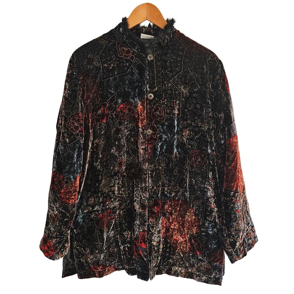 VTG L Velvet Jacket Black Red Metallic Floral Burnout Tapestry Witchy Whimsygoth